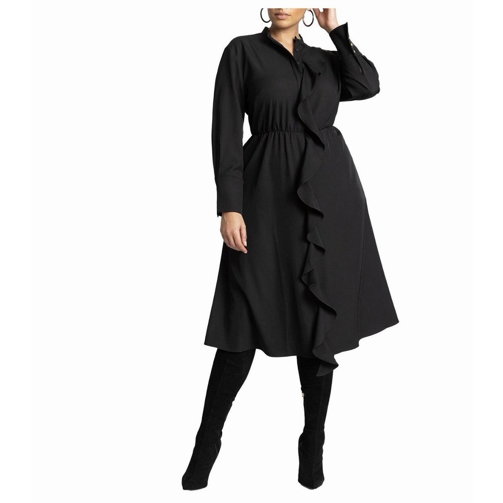 NEW Eloquii Black Stretch Waist Ruffle Military Midi Dress Size 18